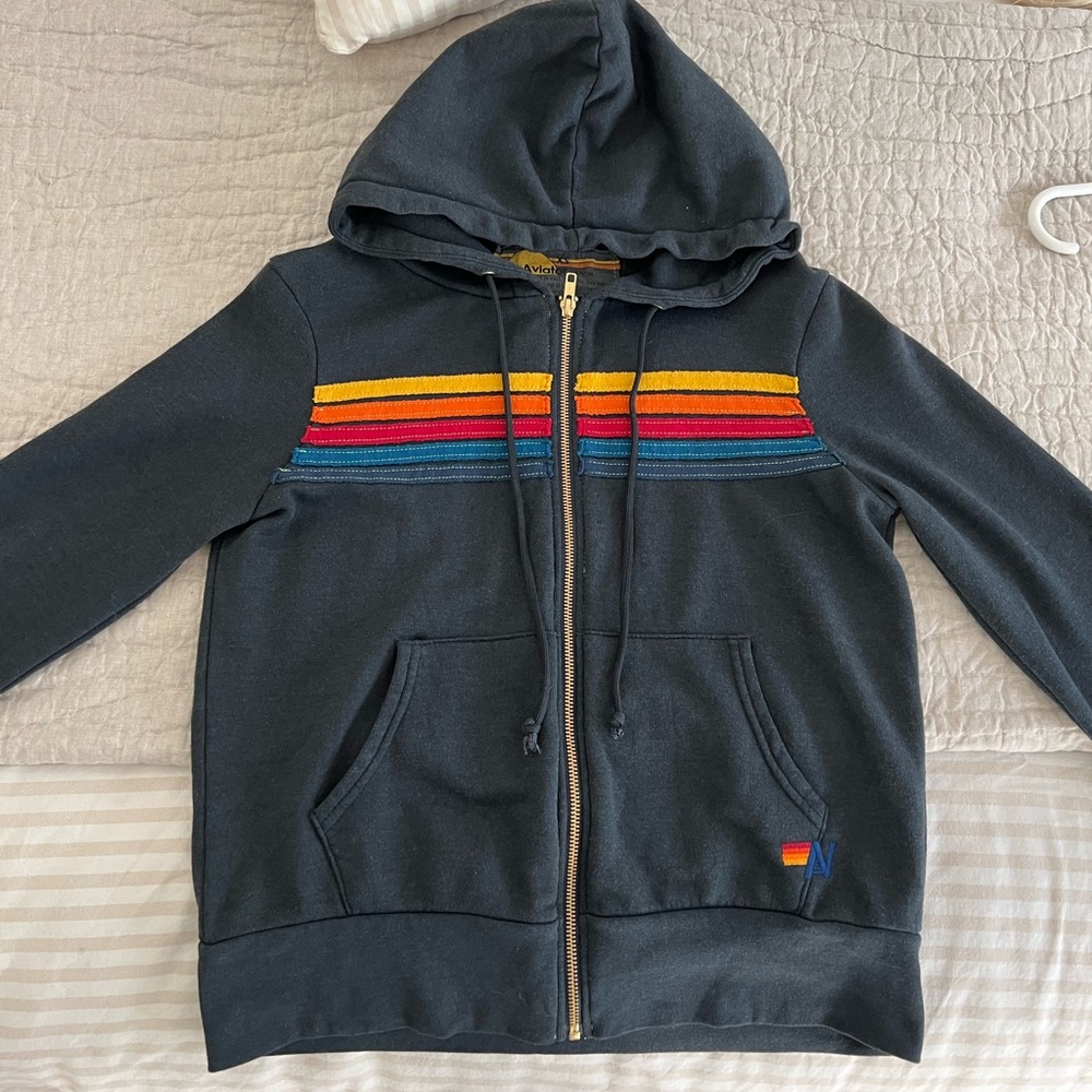 Aviator Nation Unisex zip up hoodie in navy.